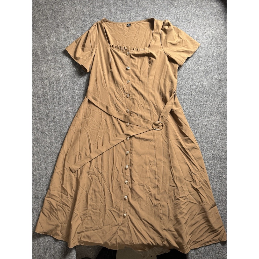 Camel Tan Square Neck Midi Dress Belted Button Front Short Sleeve Safari Utility